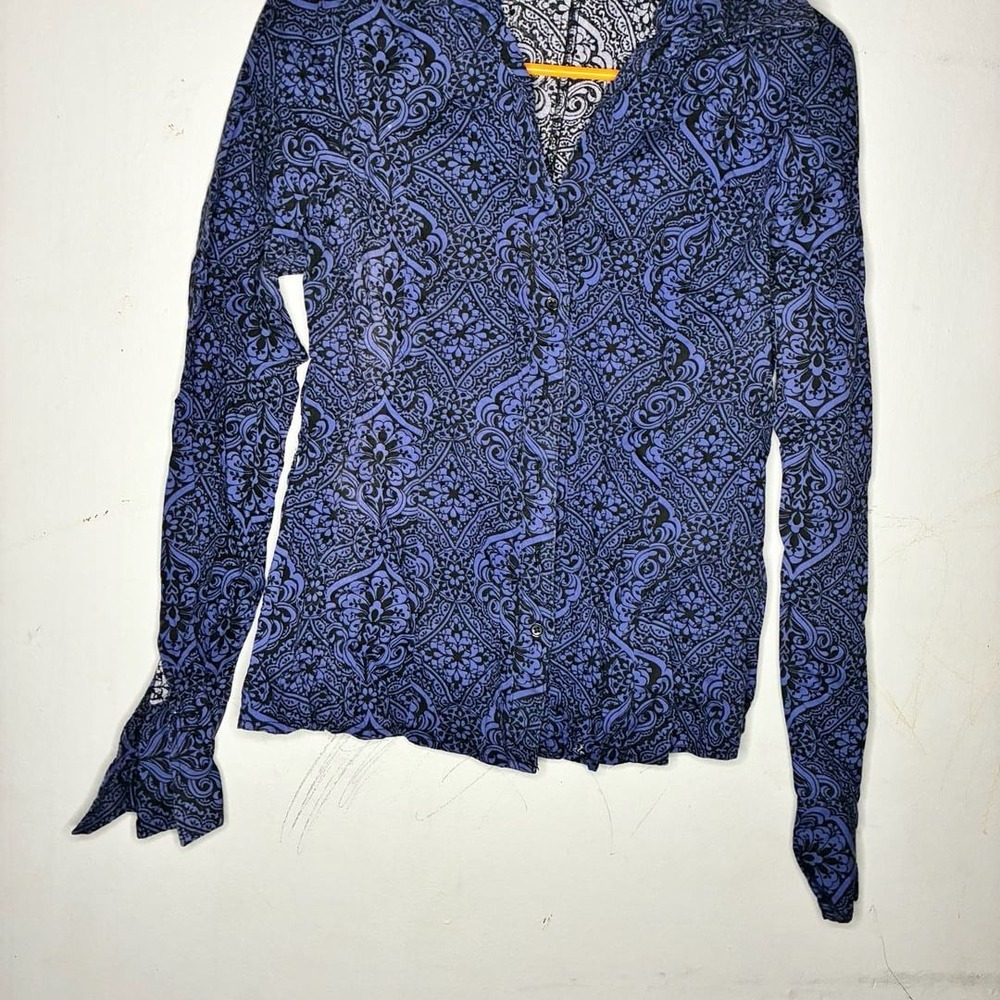 Harve Benard Women's Blue and Black Paisley Print Cotton Blend Long Sleeve Top #